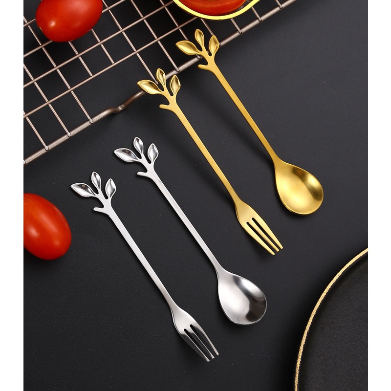 Thìa muỗng dĩa mạ vàng phong cách Vintage thời thượng hoàng kim hợp kim tạo hình 3 lá