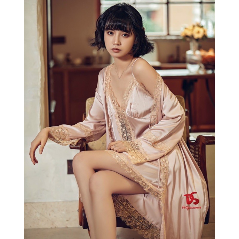 Set Đầm &amp; Choàng Phi Lụa Phối Ren Mi Gợi Cảm