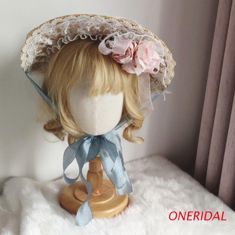 Mũ rơm phối ren hoa phong cách Lolita thanh lịch kèm dây đeo cằm