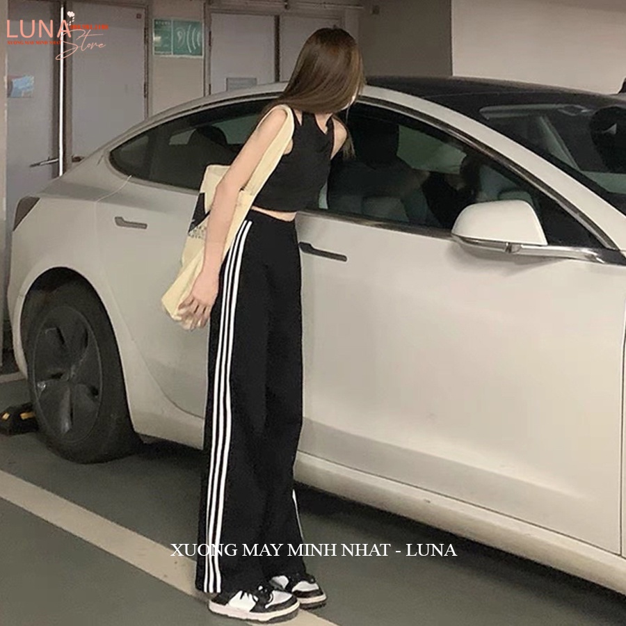 Quần thể thao 3 sọc nữ ống rộng viền kẻ sọc trắng có dây rút kéo - Quần thể thao ống suông dài nữ vải mềm đi học thể dục