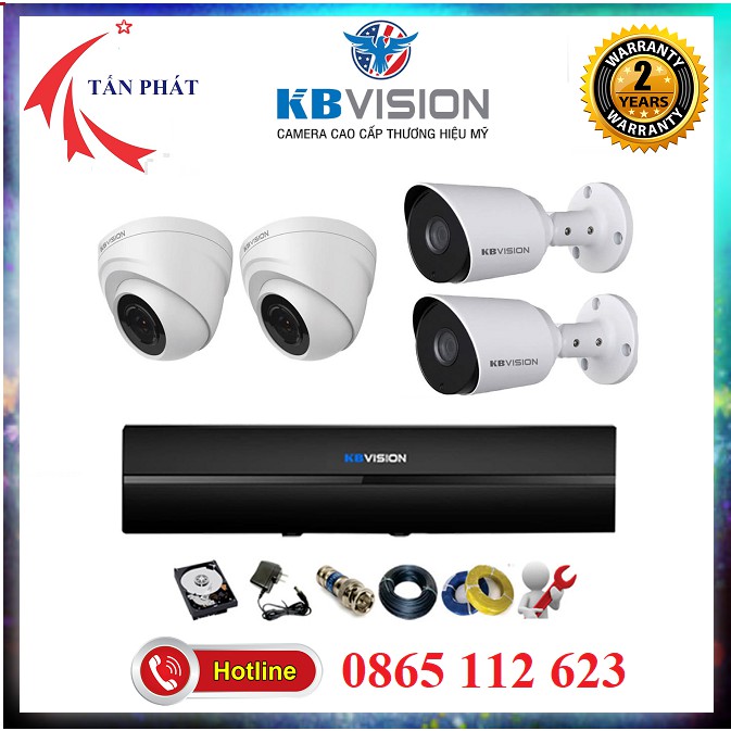 Trọn bộ 1 4 Camera + Đầu ghi KBVISION Full HD 1080P + 10m 50m dây liền nguồn