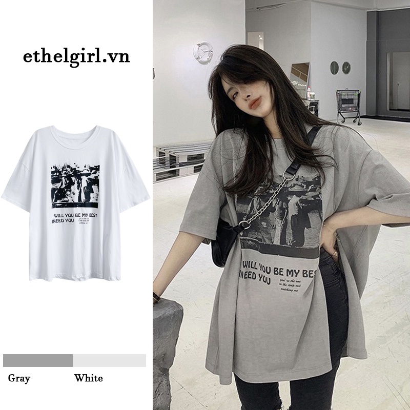 Áo thun tay ngắn cổ tròn dáng rộng thiết kế xẻ tà in họa tiết phong cách Hàn Quốc thời trang dành cho nữ