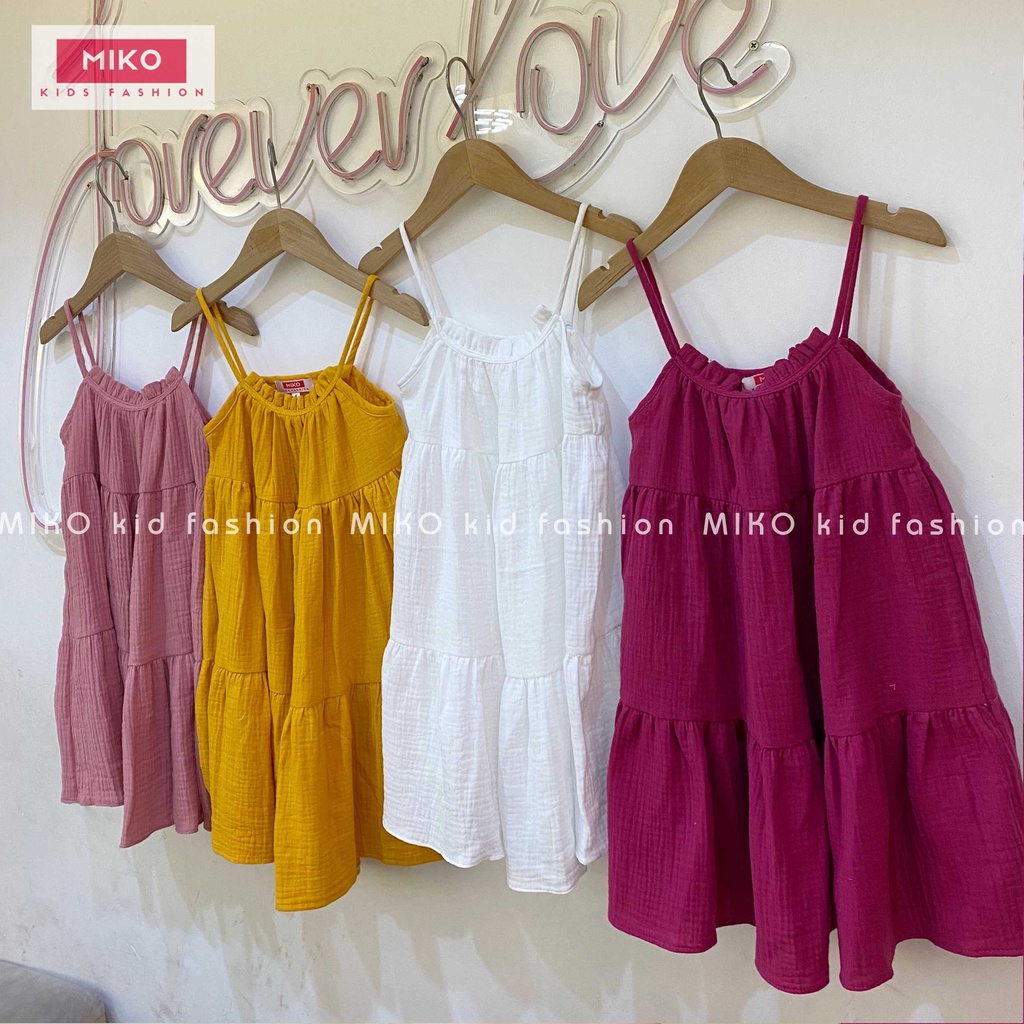 Váy vải xô muslin bao mềm mịn bé gái MIKO trắng hồng vàng mẫu MARTEL