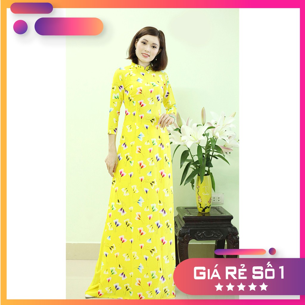 Bộ Áo Dài 3D May Sẵn 💖 FREESHIP 💖 Vàng Hoa Bông, Lụa Nhật Cao Cấp Lên Phom Dáng Chuẩn Cực Đáng Yêu Hè 2021