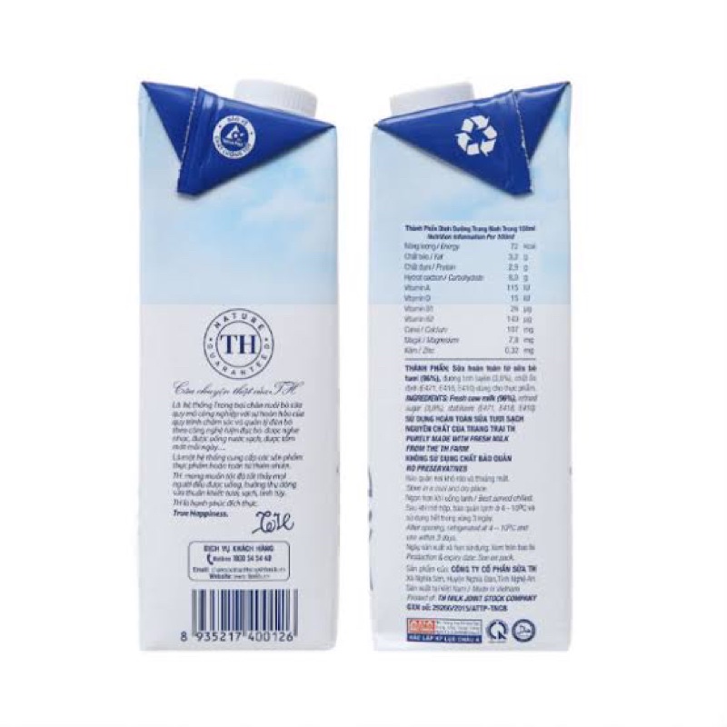 [Mua nhiều hỗ trợ giảm giá] Sữa Tươi tiệt trùng Th True Milk Hộp 1L (Có và ít đuong )