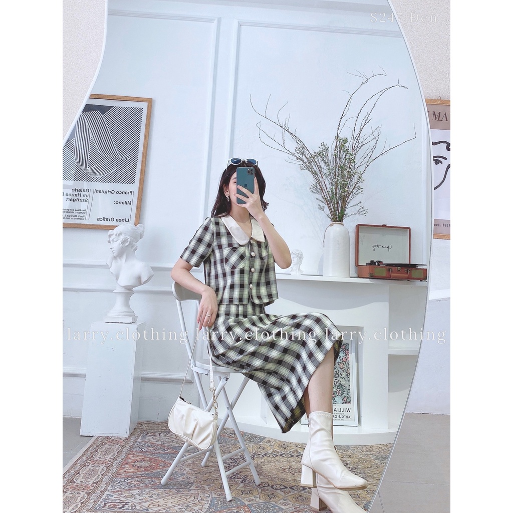 Set Áo Có Cổ Chân Váy Dài Kẻ Caro Phong Cách Hàn Quốc Đi Làm Cực Thanh Lịch S247 | BigBuy360 - bigbuy360.vn