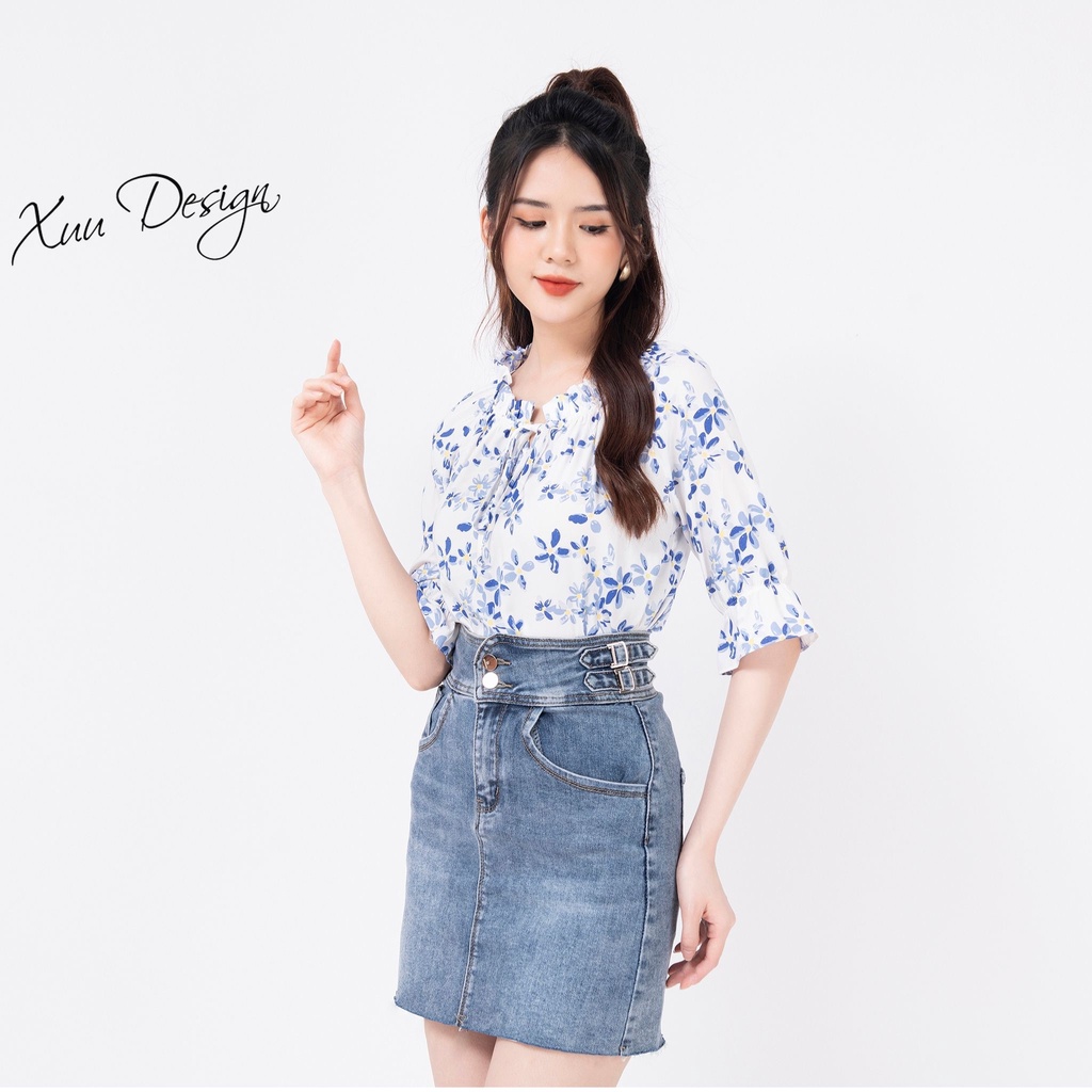 Áo sơ mi nữ hoa công sở tay lỡ Xuu, chất vải mềm mát chống nhăn Xu15