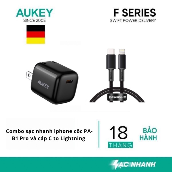 Combo sạc nhanh củ sạc Aukey PA-FS1 và cáp Cto L 1m