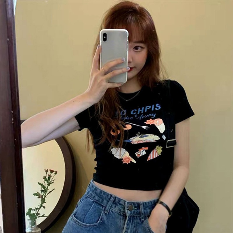 Áo Thun Crop Top Tay Ngắn Cổ Tròn In Họa Tiết Thời Trang Cho Nữ