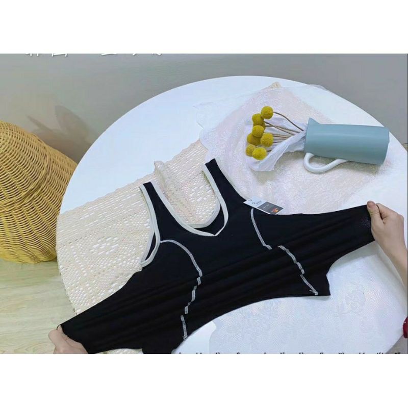 Áo Bra màu đen thân dài kẻ sọc trắng, bra thân dài CHUN