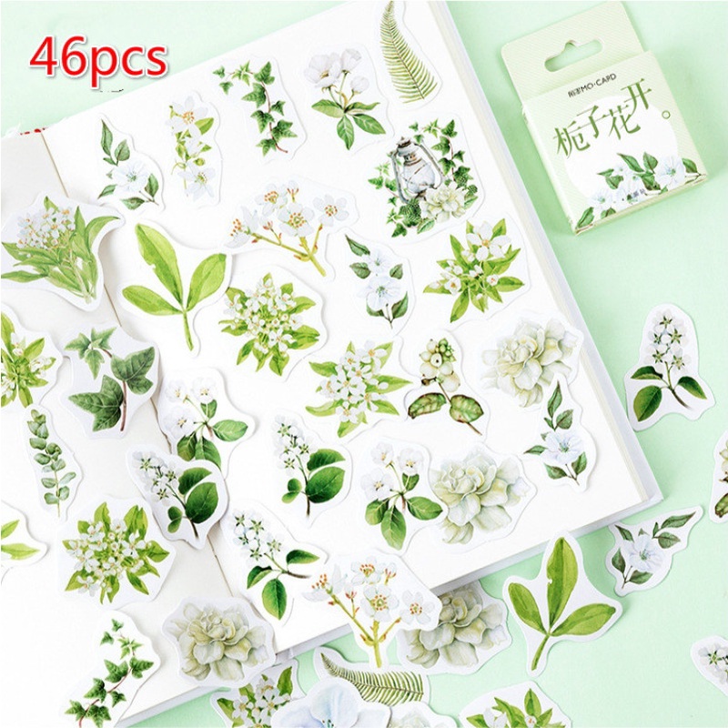 Hộp 46 miếng dán trang trí hình hoa lá màu trắng và xanh lá cây thời trang mùa hè dành cho học sinh