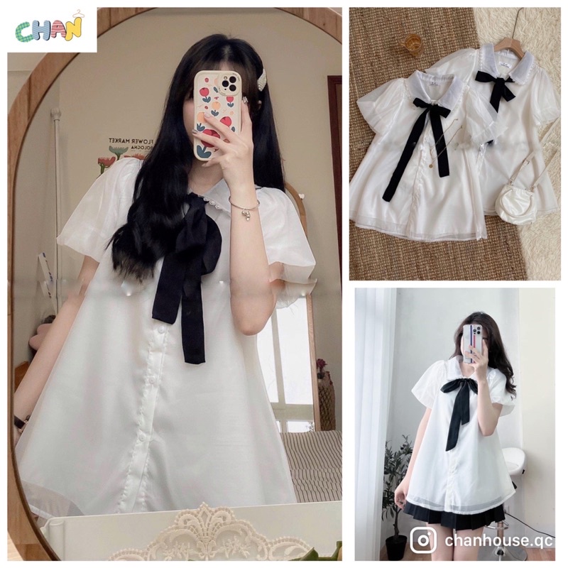 Áo Sơ Mi Nơ Cổ Đen Chất Voan Tơ Tay Phồng 2 Lớp Cực Xinh