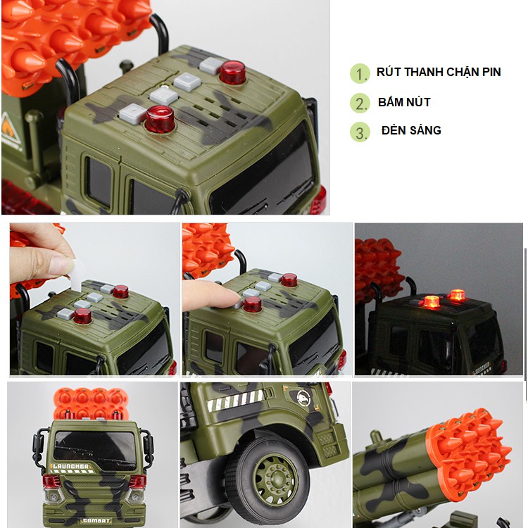 Mô hình xe ô tô tải quân sự đồ chơi trẻ em tỉ lệ 1:16 xe có âm thanh và đèn chạy đẩy trớn bằng bánh đà