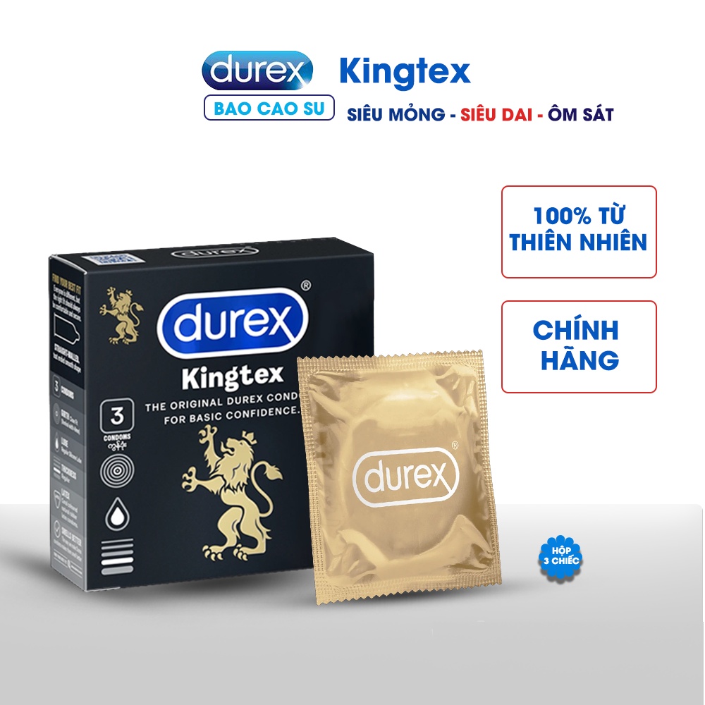 Bao Cao Su Durex Kingtex - Size 49mm, Hộp 3 Cái - Bao Cao Su Ôm Sát Vừa Vặn, Kéo Dài Thời Gian Quan Hệ, Hàng Chính Hãng