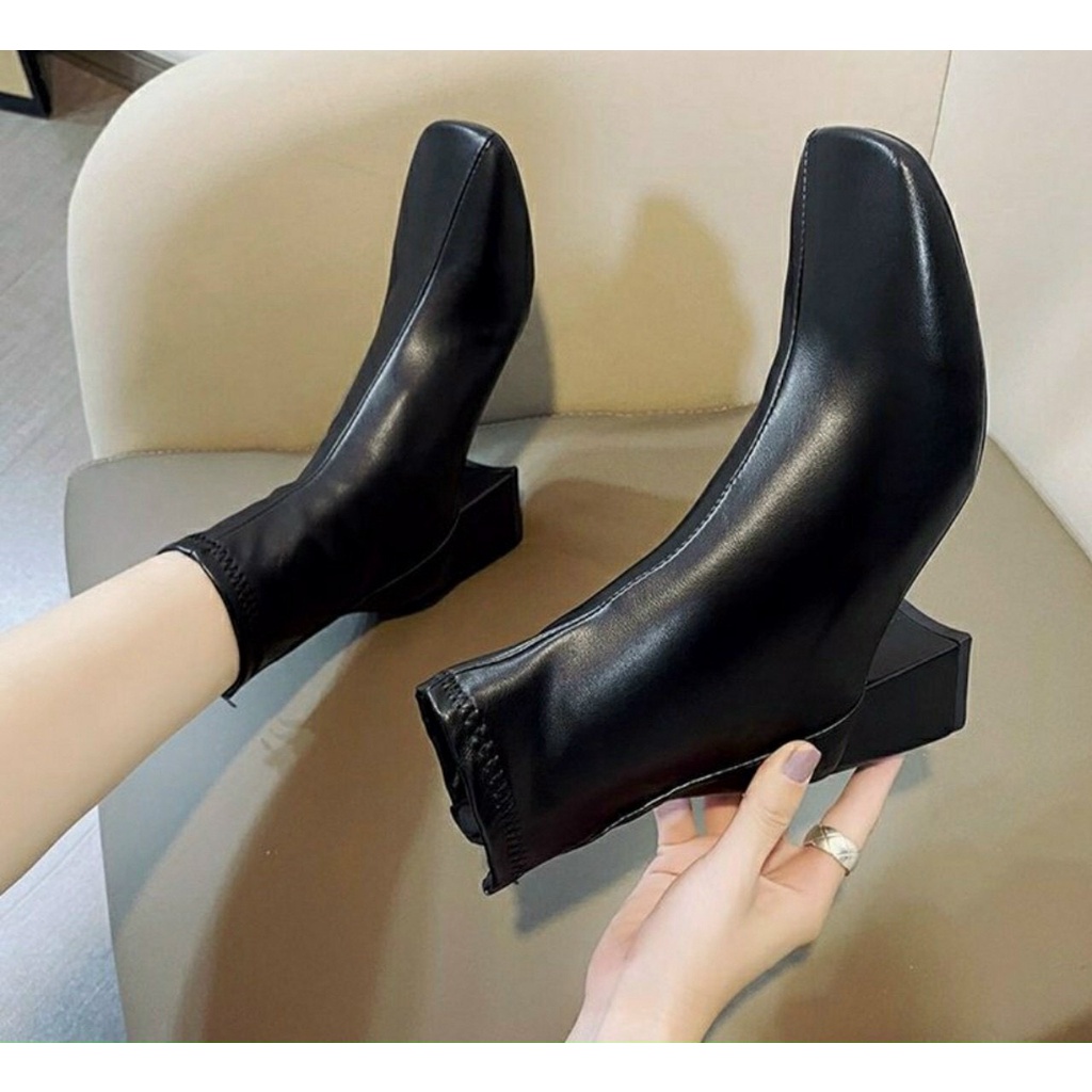 Giày boots cổ lửng chất da lì gót vuông 5cm hàng Full box cao cấp