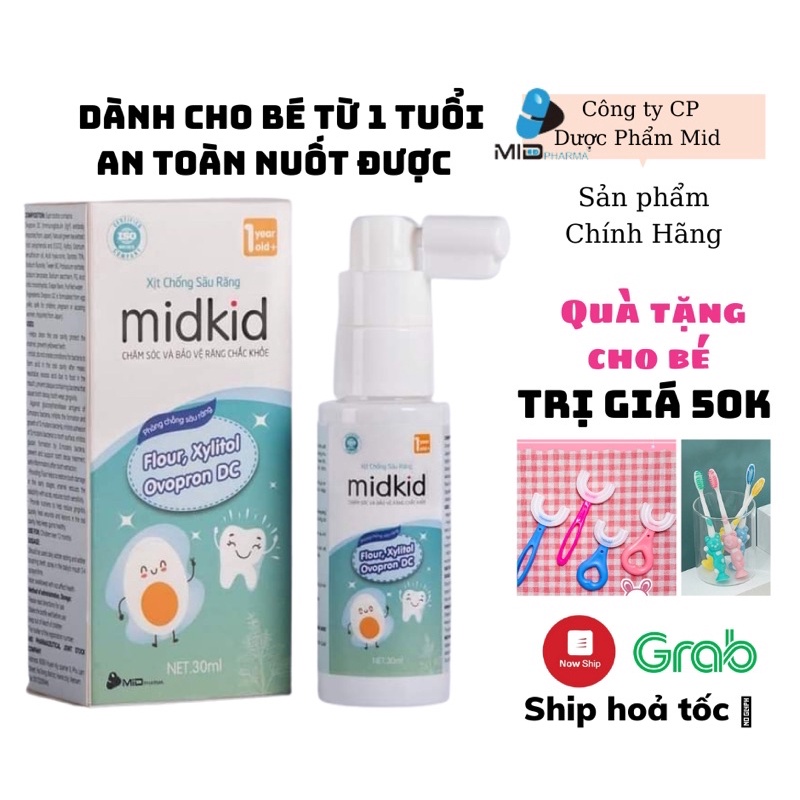 Xịt chống sâu răng Midkid cho bé từ 1 tuổi, an toàn nuốt được, tặng kèm bàn chải đánh răng cho bé