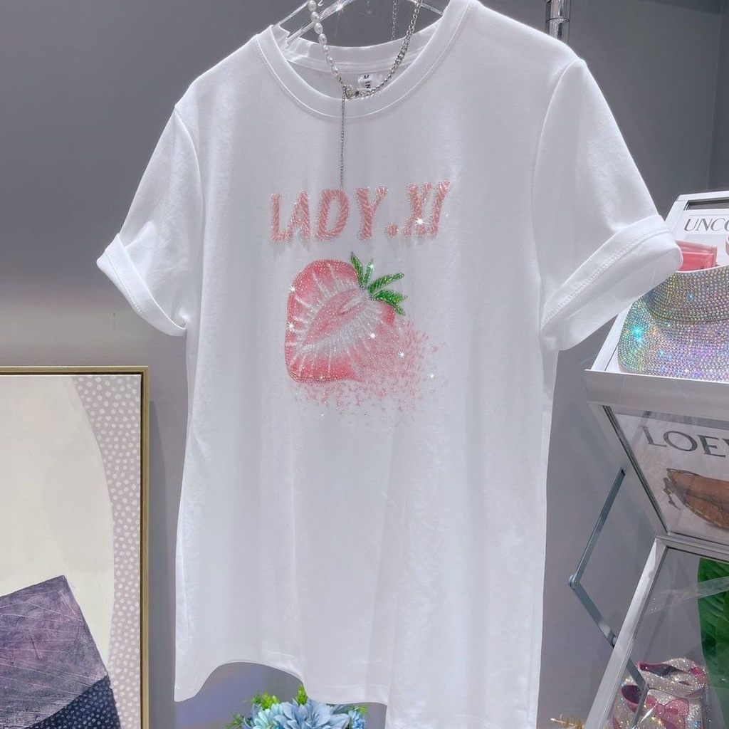 Áo Thun Cotton Nguyên Chất In Họa Tiết Dâu Tây Đính Đá