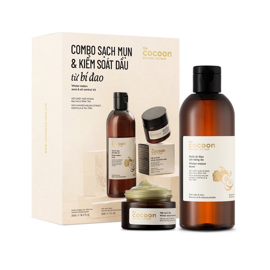 COMBO Sạch Mụn Và Dầu Bí Đao Cocoon: Nước bí đao cân bằng da 310ml + Mặt nạ bí đao 30ml