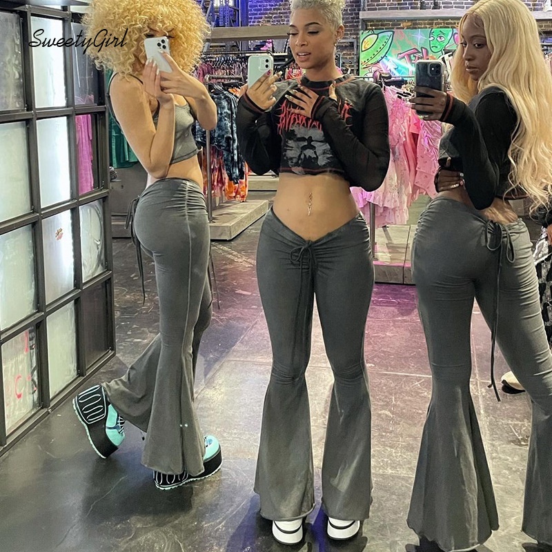 Quần dài ống loe lưng thấp màu sắc đơn giản dành cho nữ