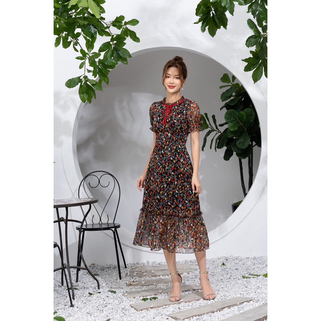 LALULILL - Đầm dáng A cổ phối nơ voan hoa tulip đen LDL2264303