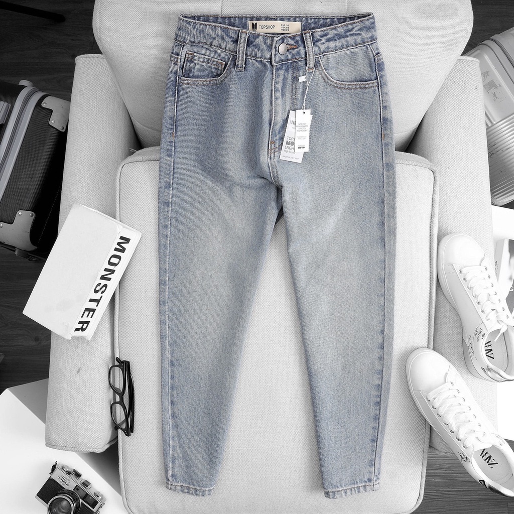 Quần Mom Jeans Nữ Lưng Cao Dáng Baggy Fit Gọn Màu Xanh Wash Đùi Form Lửng
