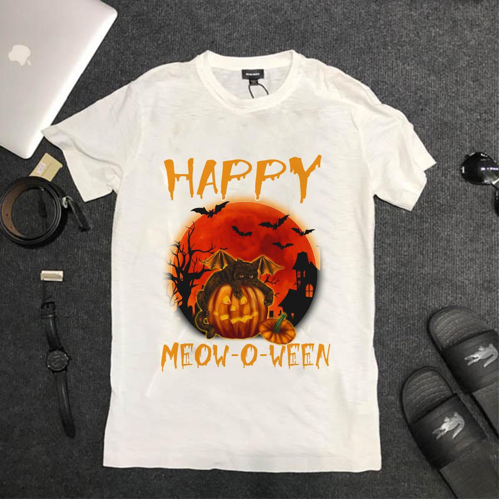 ÁO THUN UNISEX HALLOWEEN Happy Meow TAY NGẮN TAY LỠ NAM VÀ NỮ AOMI IN HÌNH SIÊU HOT AOMIVN