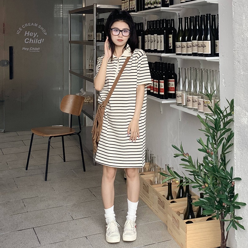 Đầm polo ZHELIHANGFEI dệt kim ngắn tay dáng rộng kẻ sọc cá tính thời trang