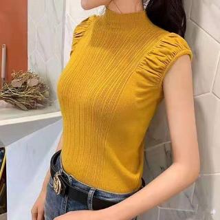 Hàng mới v high women's top sleeveless half vest New collar simple Pullover solid pleated