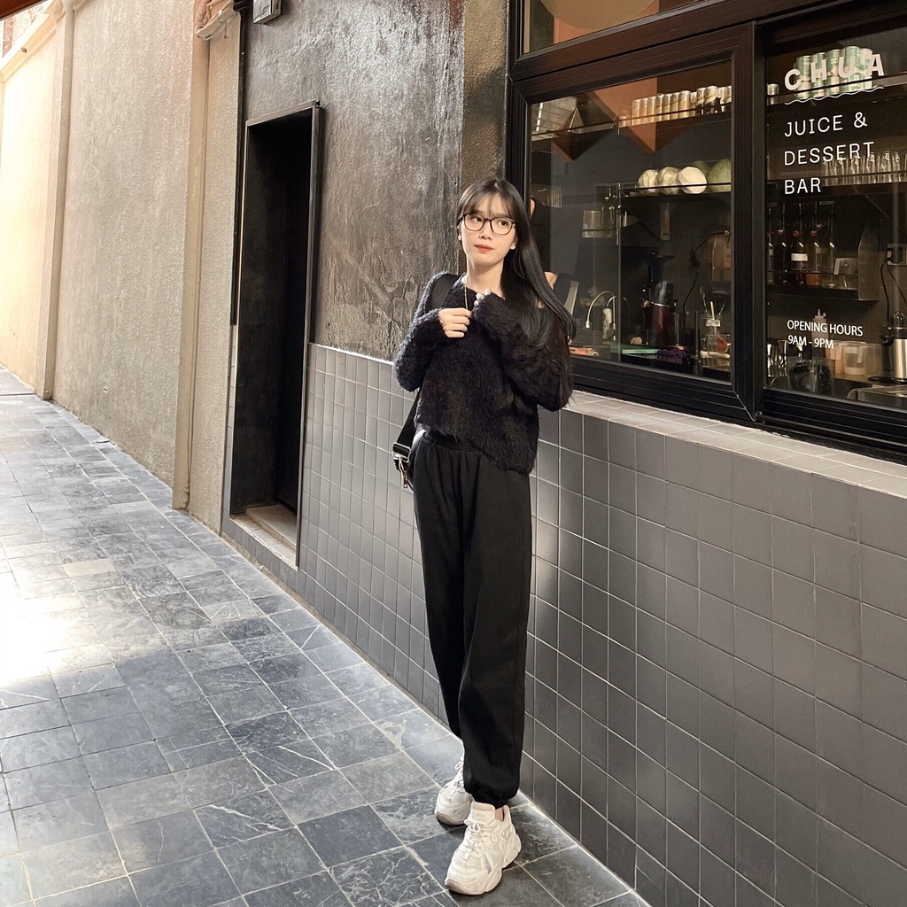 Quần jogger nữ nỉ tăm bo gấu ulzzang Hàn Quốc, Quần nữ nhung tăm form rộng dày dặn - Maoshop