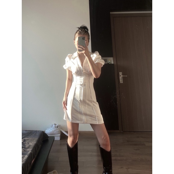 Đầm body trắng dây kéo co giản tôn dáng