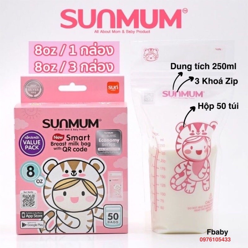 (Mẫu Mới Màu Hồng)Túi Trữ Sữa 250ml Sunmum Thái Lan ( Hộp 50 Túi) 3 Khoá Zip, Túi Mềm Dai Không Rách Không Bục