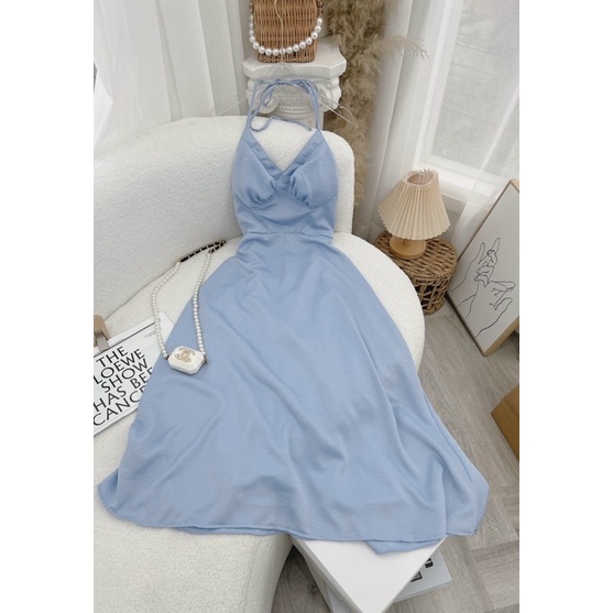 ĐẦM MIDI XANH CỔ V DÂY YẾM