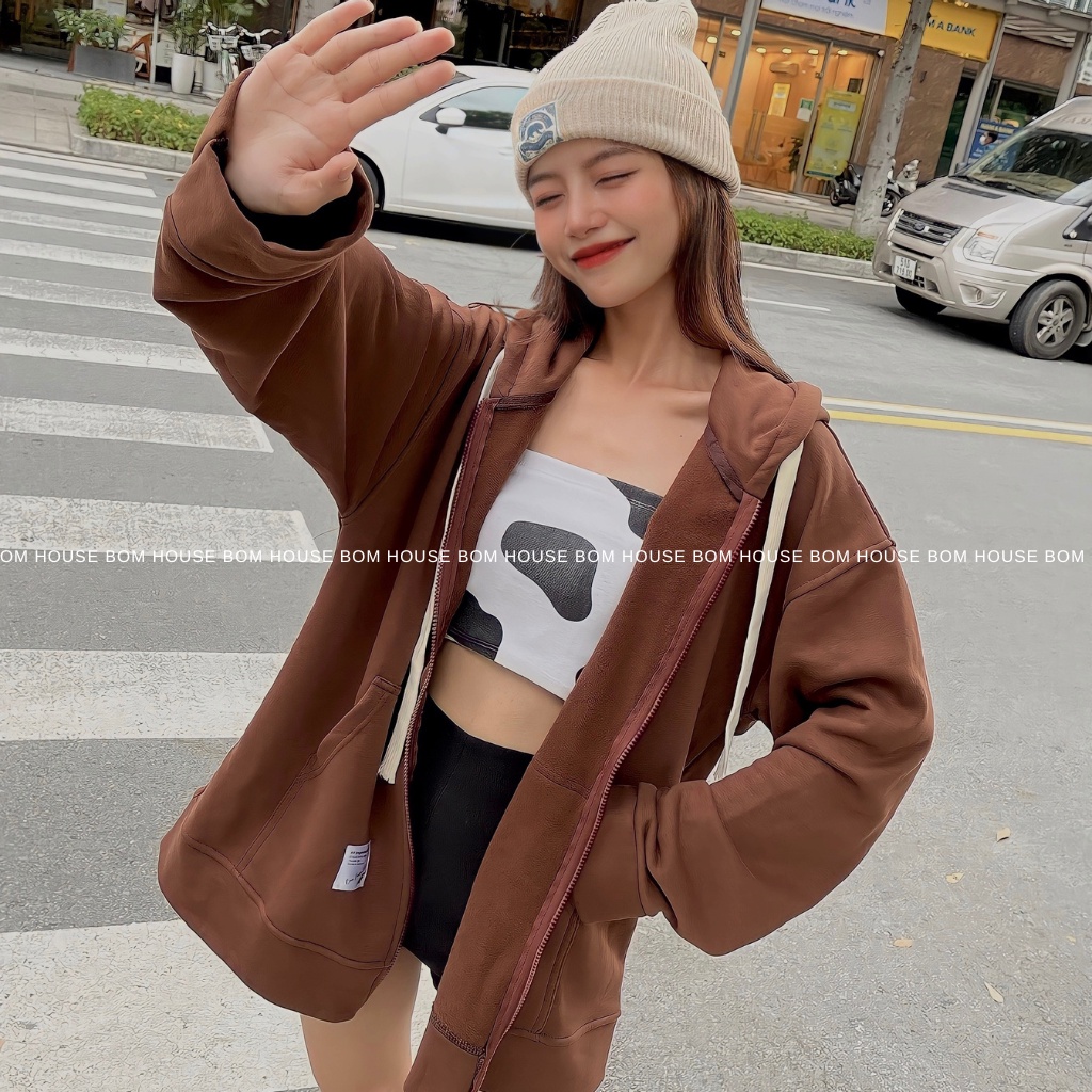 Áo Khoác Hoodie Zip Trơn Form Rộng BOM HOUSE Nam Nữ Ulzzang Unisex