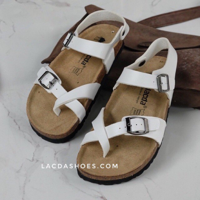 Sandals Lacda đế Trấu Xỏ ngón quai Trắng unisex da pu