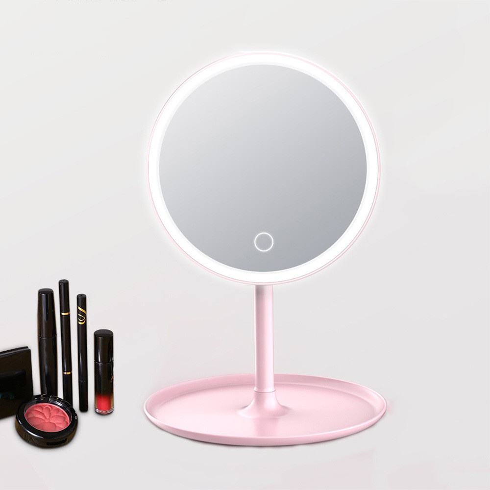 Gương Trang Điểm Có Đèn Led Cảm Ứng 3 Chế Độ Ánh Sáng - Gương MakeUp Tròn Màu Hồng Phấn