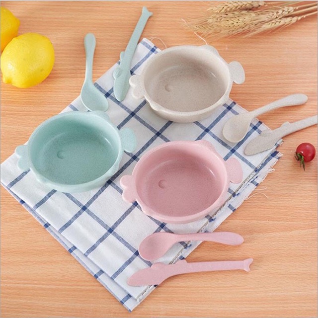 Bộ bát chén ăn dặm lúa mạch hình cá kèm muỗng méo và dao