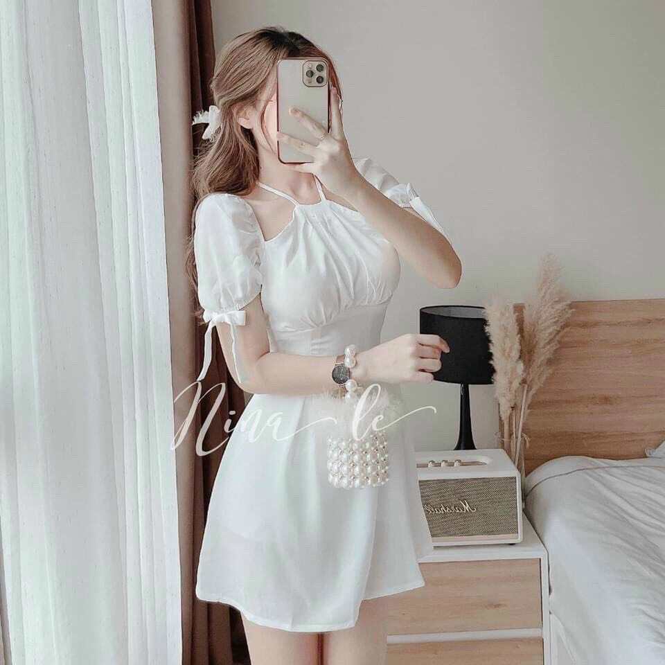 [ Miễn phí ship 2022 ] Đầm umi cổ yếm tay búp có mút ngực, đầm cột nơ tay dự tiệc sang chảnh, dễ thương