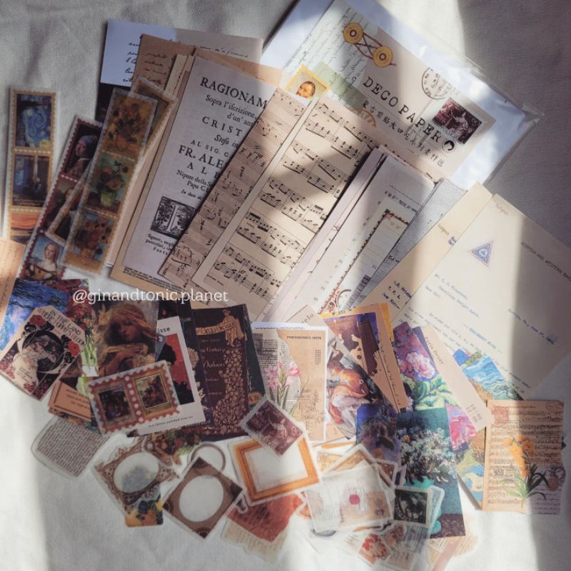 Set 100 món decor vintage gồm sticker và giấy nền dùng trang trí sổ bullet journal - ginandtonic