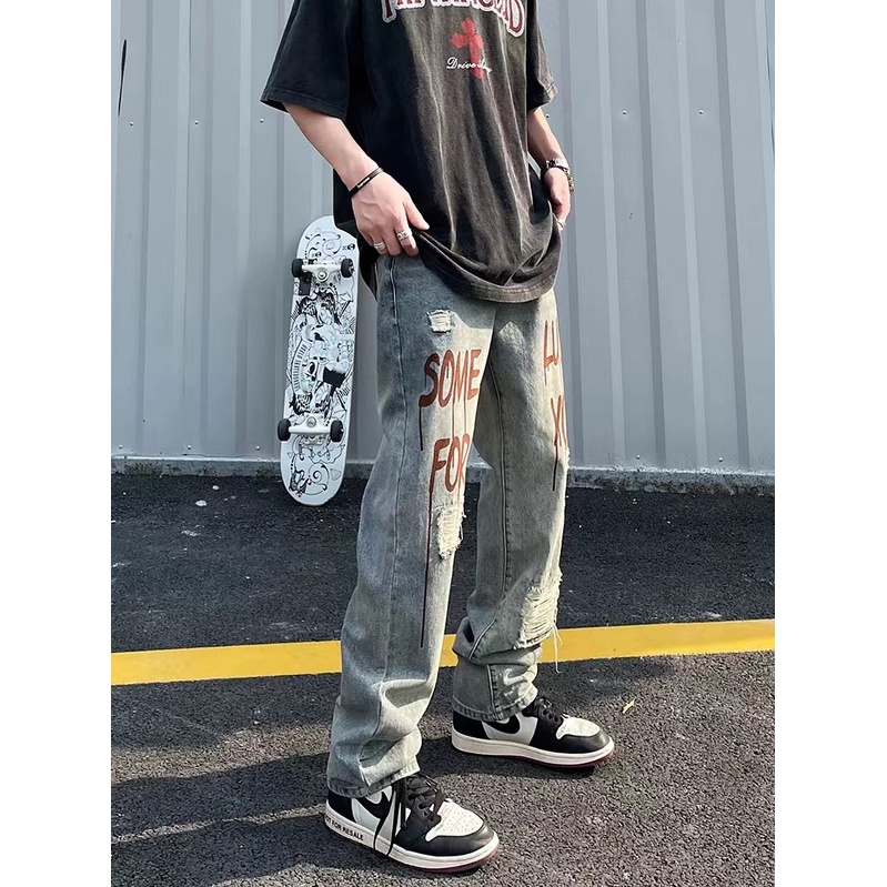 Quần baggy rách trẻ tuổi  quần jean trắng unisex oversize Quần hiphop thời trang quần bò rách gối from rộng quần jean bé trai