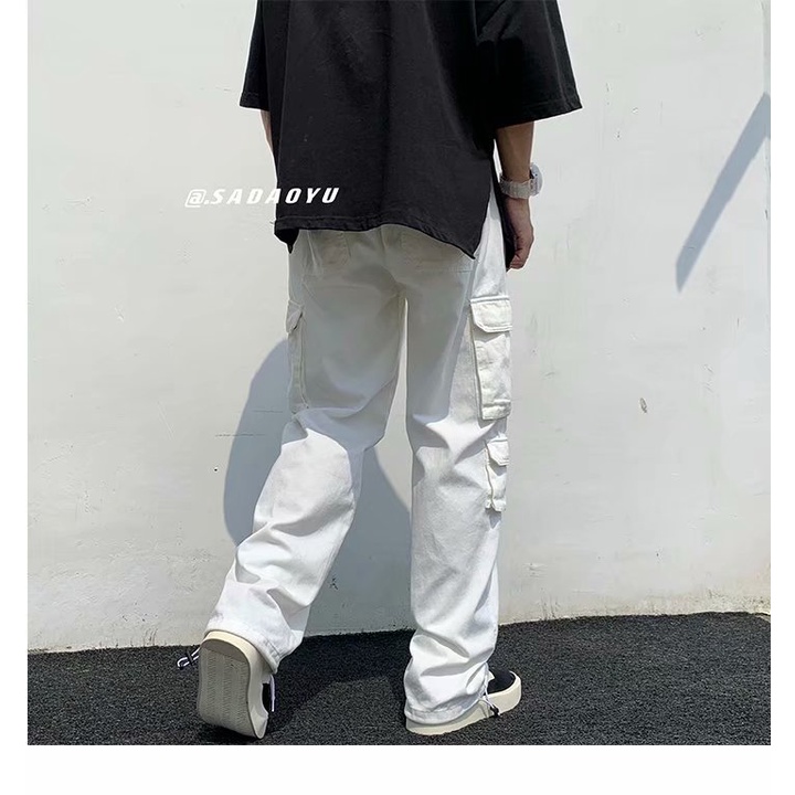 Quần Dài Thể Thao Màu Trơn Dáng Rộng Có Túi Trắng/Đen Thời Trang Cho Nam Size S-3XL