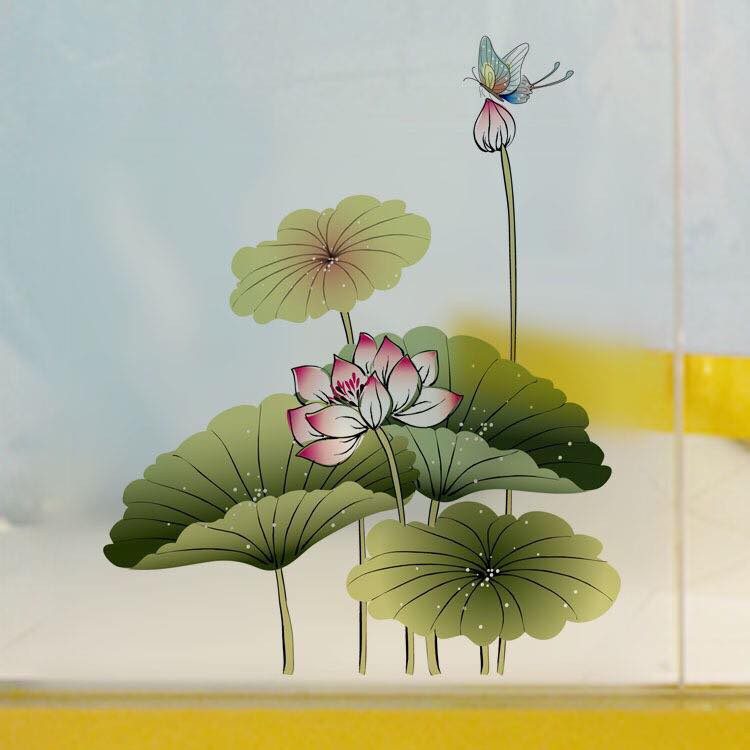 Decal trang trí kính cao cấp mẫu hoa sen ( 60cm x 58cm )
