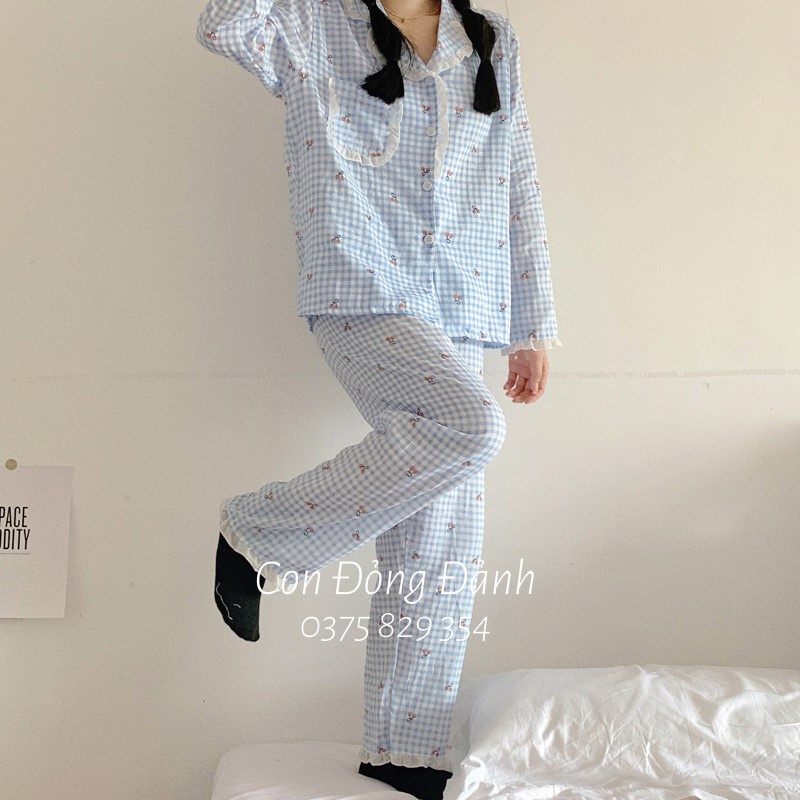 [Có sẵn] Đồ ngủ pijama kẻ caro bèo nhún dài tay chất thun mềm con đỏng đảnh DN003 chất thun mềm | BigBuy360 - bigbuy360.vn