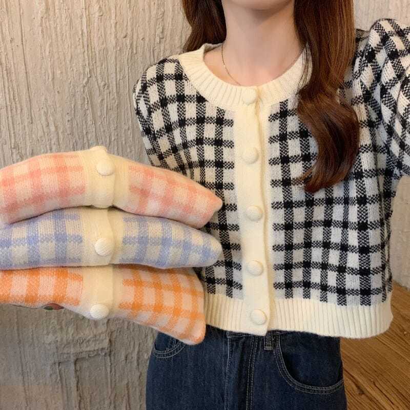 Áo Khoác Cardigan Dệt Kim Kẻ Sọc Caro Phong Cách Hàn Quốc Cho Nữ