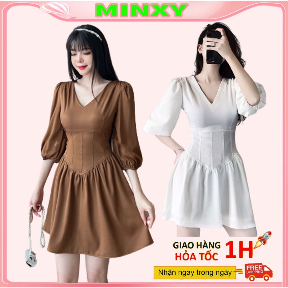 Váy cổ V táy bồng dễ mặc, đầm thiết kế tôn triệt dáng, v1 đẹp - v2 định hình bé tý tẹo- ai béo bụng cũng nên sắm nhớ