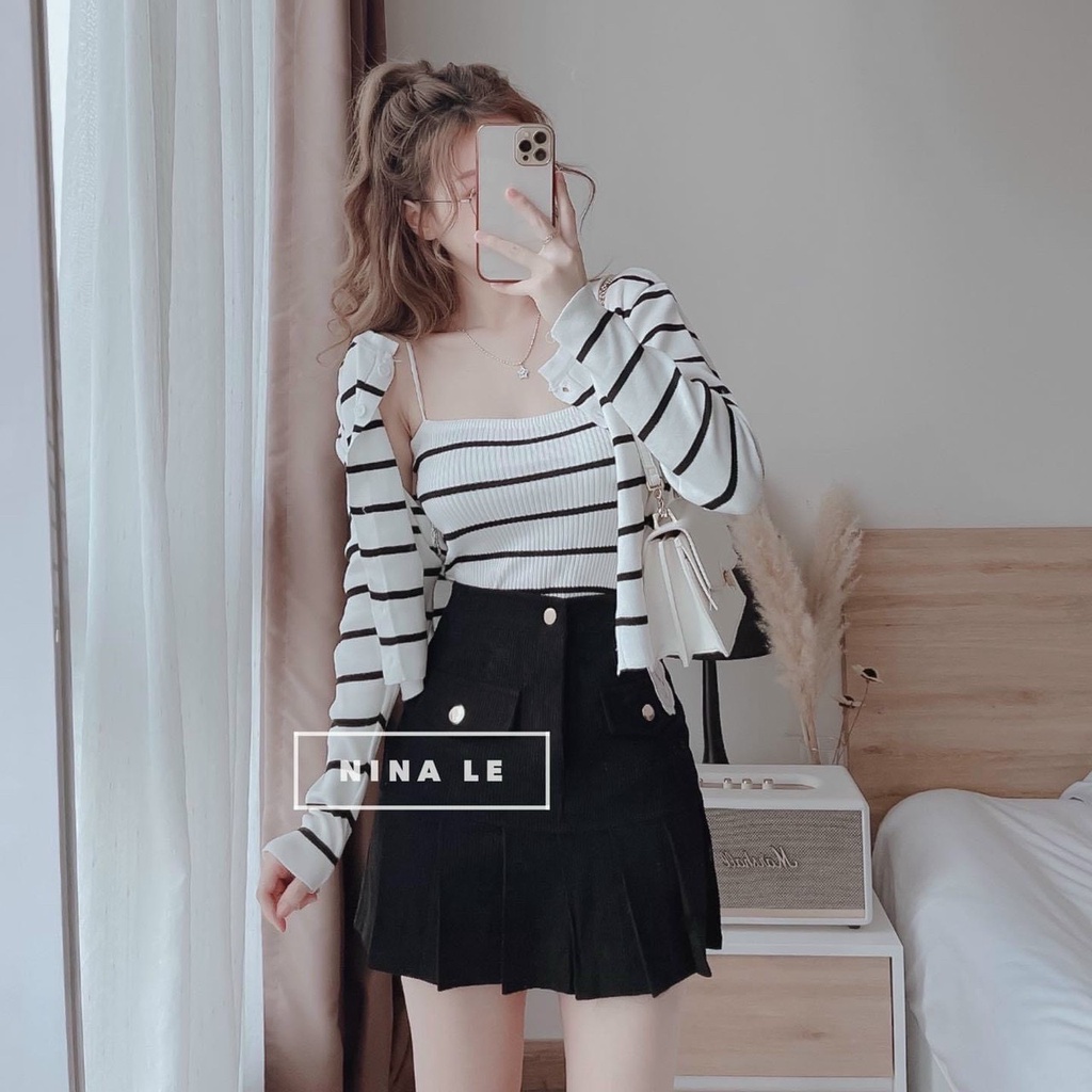 Sét váy nữ thời trang mặc đi chơi, Sét váy for 3 món áo thun gân 2 dây mix chân váy A xếp ly kèm khoác tay dài