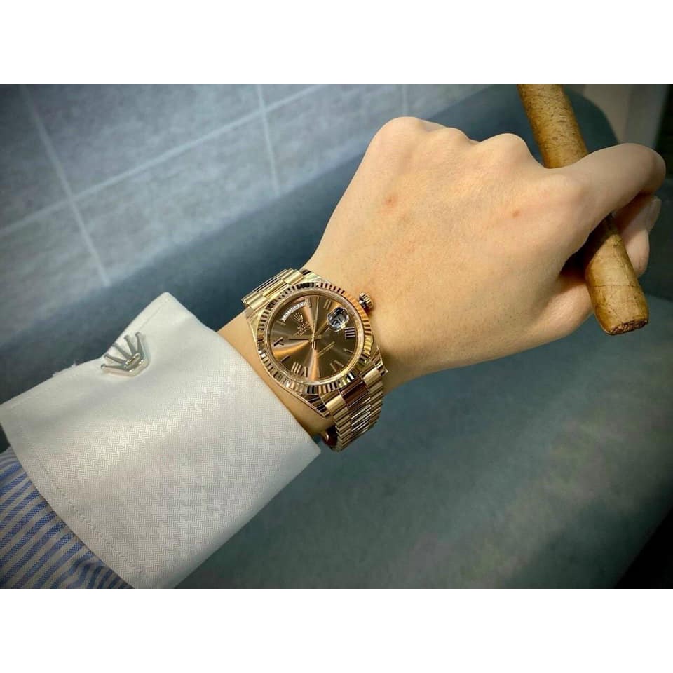 Đồng hồ Nam Rolex Oyster  máy nhật vàng hồng dòng cơ Automatic mặt size 41mm số la mã mặt cafe lịch lãm
