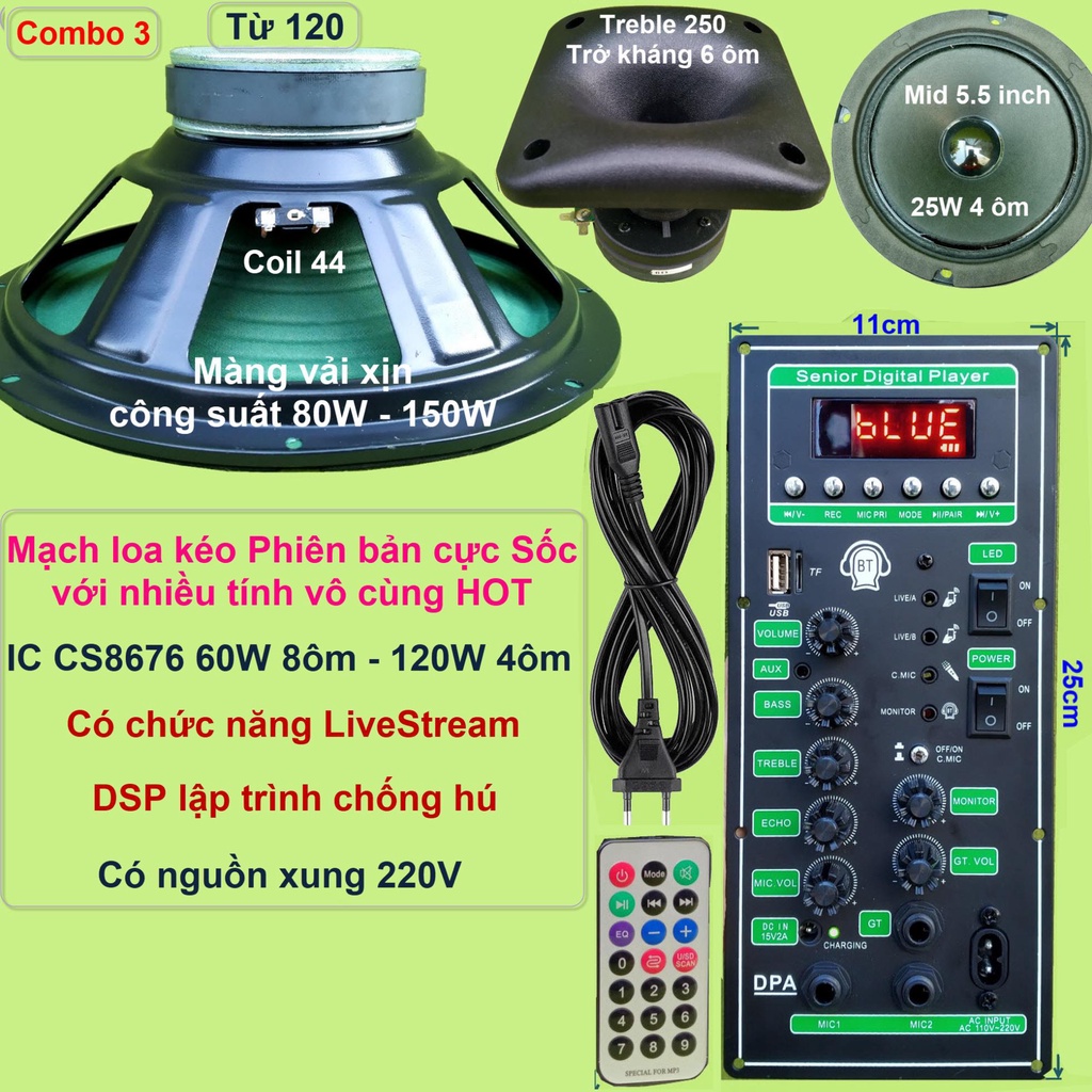 Mạch loa kéo 3 tấc đơn 3 đường tiếng LIVESTREAM DSP chống hú IC CS8676 120W nguồn xung 220V - kèm loa và micro đơn