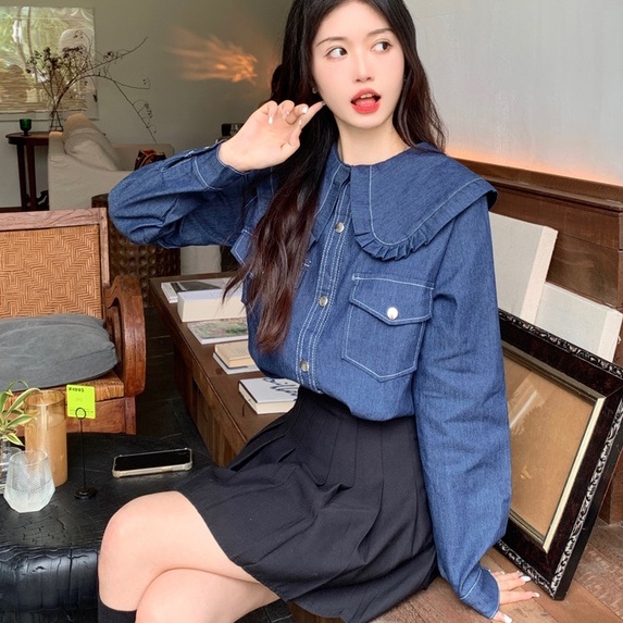 Áo sơ mi ZHELIHANGFEI vải denim tay dài dáng rộng theo phong cách retro dễ phối đồ