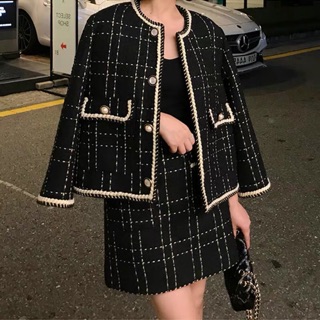 set áo khoác + váy dạ đen phối viền trắng túi ngực siêu yêu