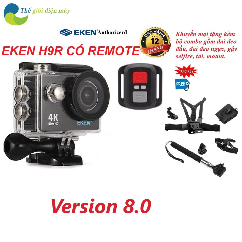 Camera hành trình 4K wifi Eken H9R Version mới 8.1 (có remote) tặng combo gậy selfire, đai đeo ngực, đai đeo đầu